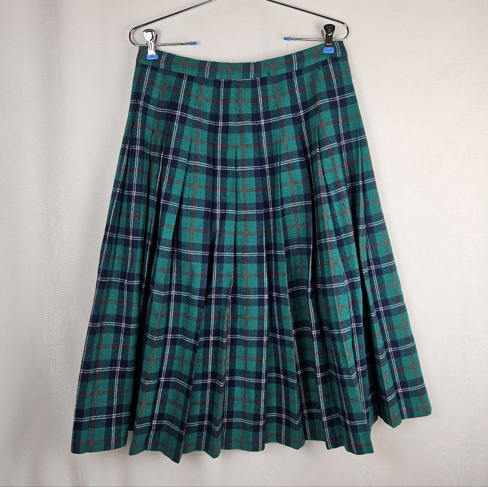 Pendleton Vintage Virgin Wool Green Plaid A-Line Pleated Skirt Large 31
